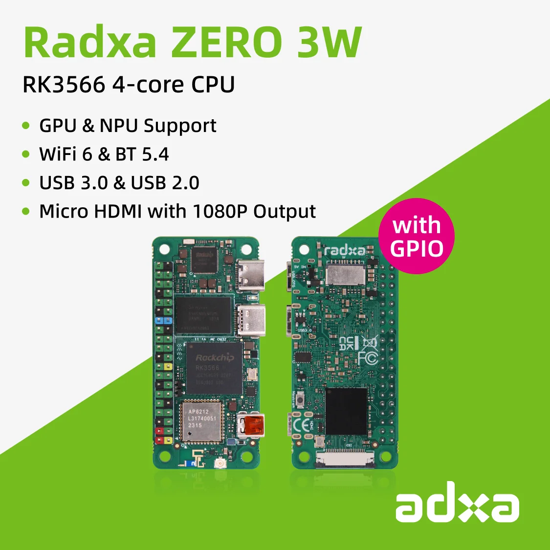 Radxa ZERO 3W RK3566 4-core CPU SBC, GPU, NPU, HDMI met 1080P output, en WiFi 6 & BT 5.4, Single Board Computer
