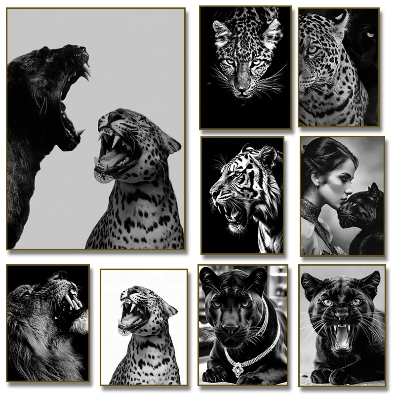 1PCS frameless Canvas paintingLuxury Black & White Tiger Panther Leopard and Jaguar Roar Poster Canvas Painting Print Wall Ar