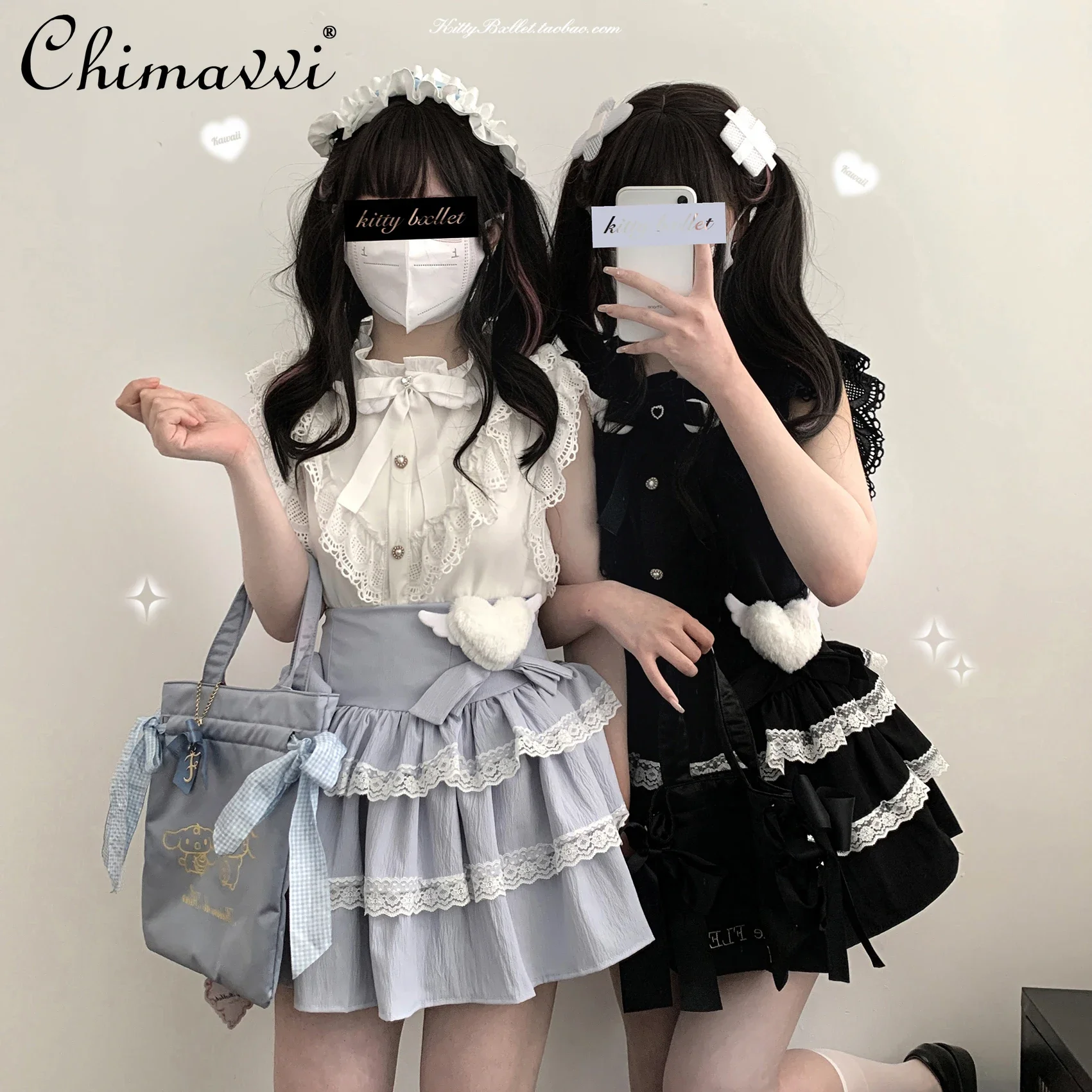 

Japanese Style Lolita Bowknot Double-Layer Lace Mass Production Cake Skirts Summer Girly Style High Waist Slim Mini Y2k Skirt