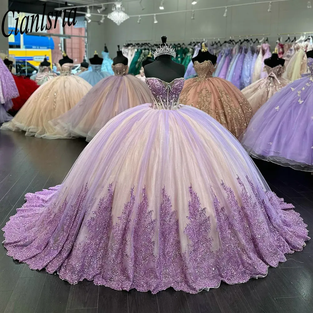 Vestido de baile de cristal lilás, Vestidos Quinceanera, Apliques de lantejoulas Ilusão, Renda Doce 16, 15 Anos