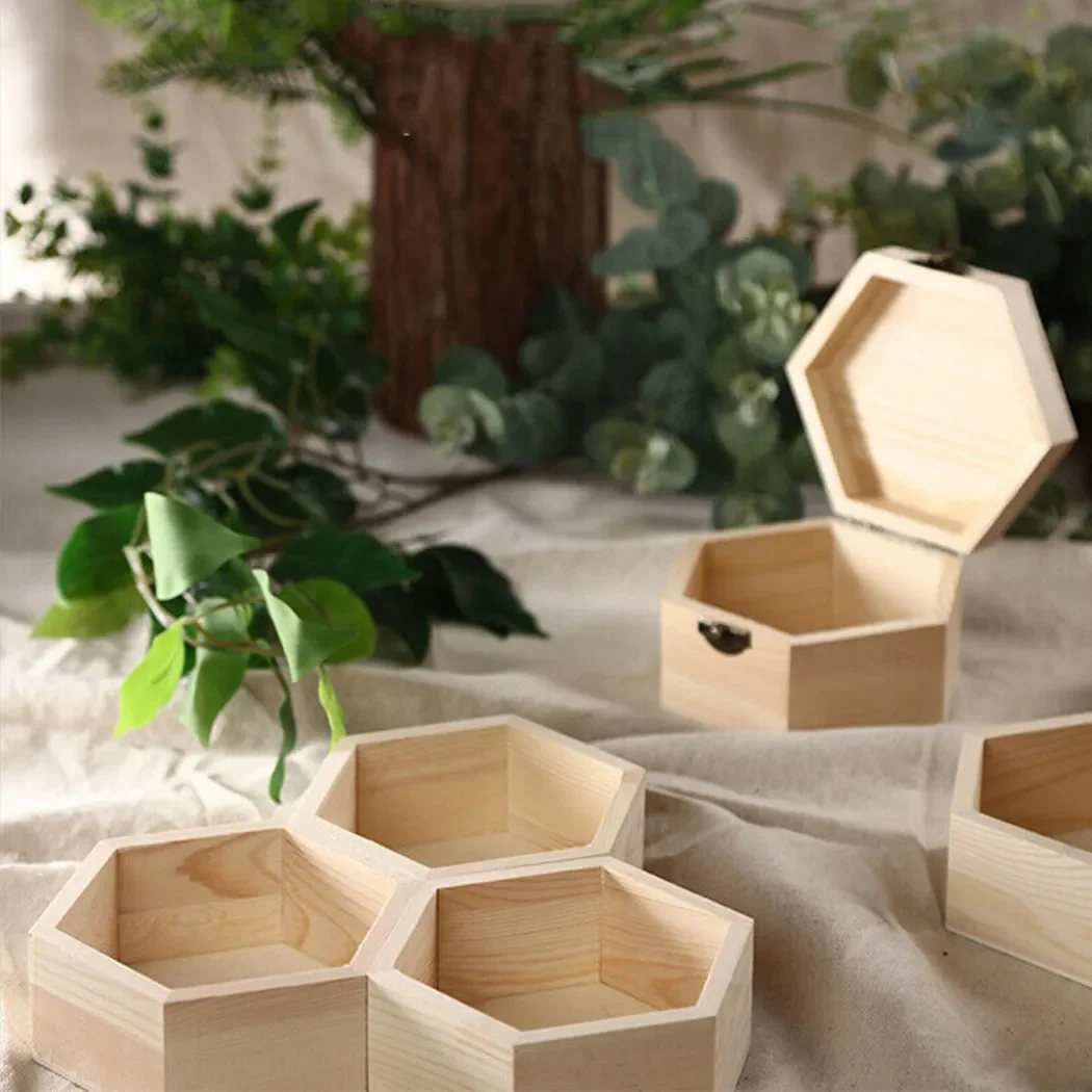 Wooden Storage Box Hexagonal Shaped Wood Jewelry Organizer Container Case Wedding Gifts Favors Box Holder For Home Storage