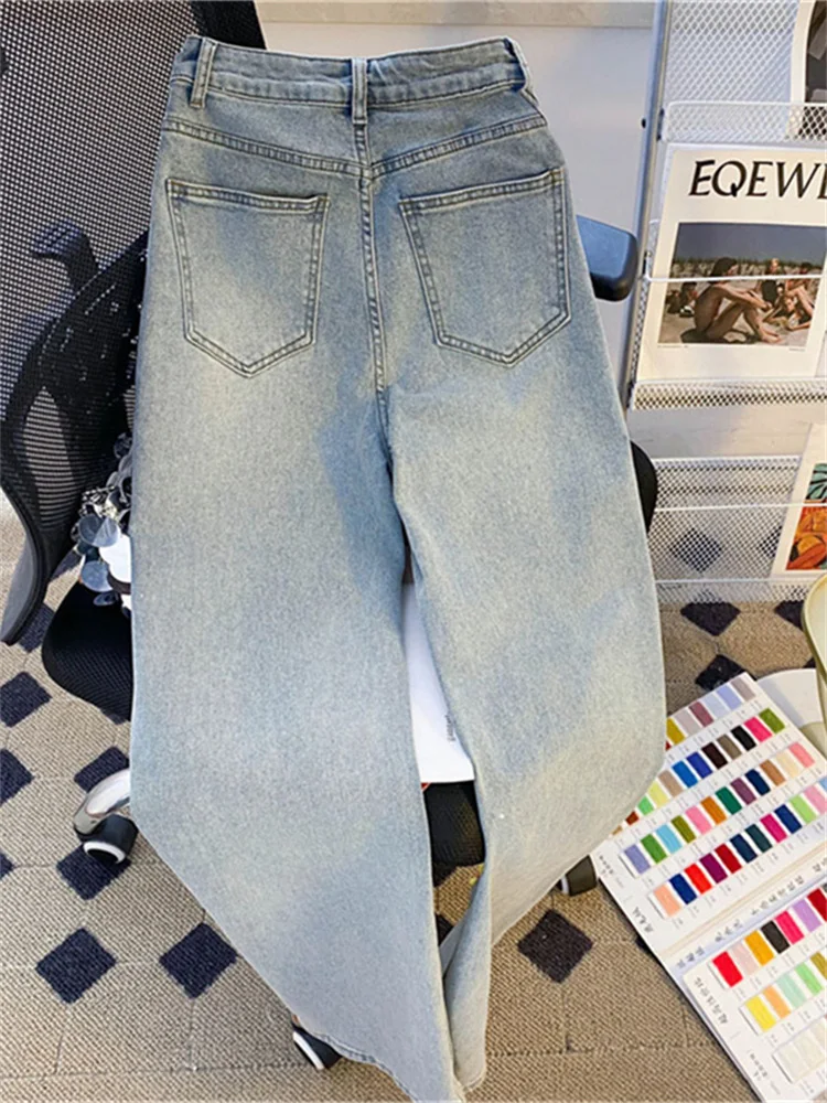 Dżinsy retro z motywem niedźwiedzia, luźny krój, wysoki stan, proste nogawki, jasnoniebieskie, letnie, modne, amerykańska marka, szerokie nogawki, efekt wyszczuplający.