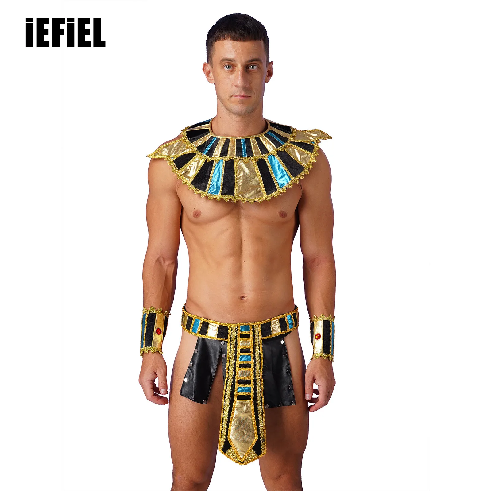 

Mens Halloween Egypt Cosplay Costume Set Panels Low Rise Studded Kilt Underwear with Neck Collar Belt And Wristbands Set