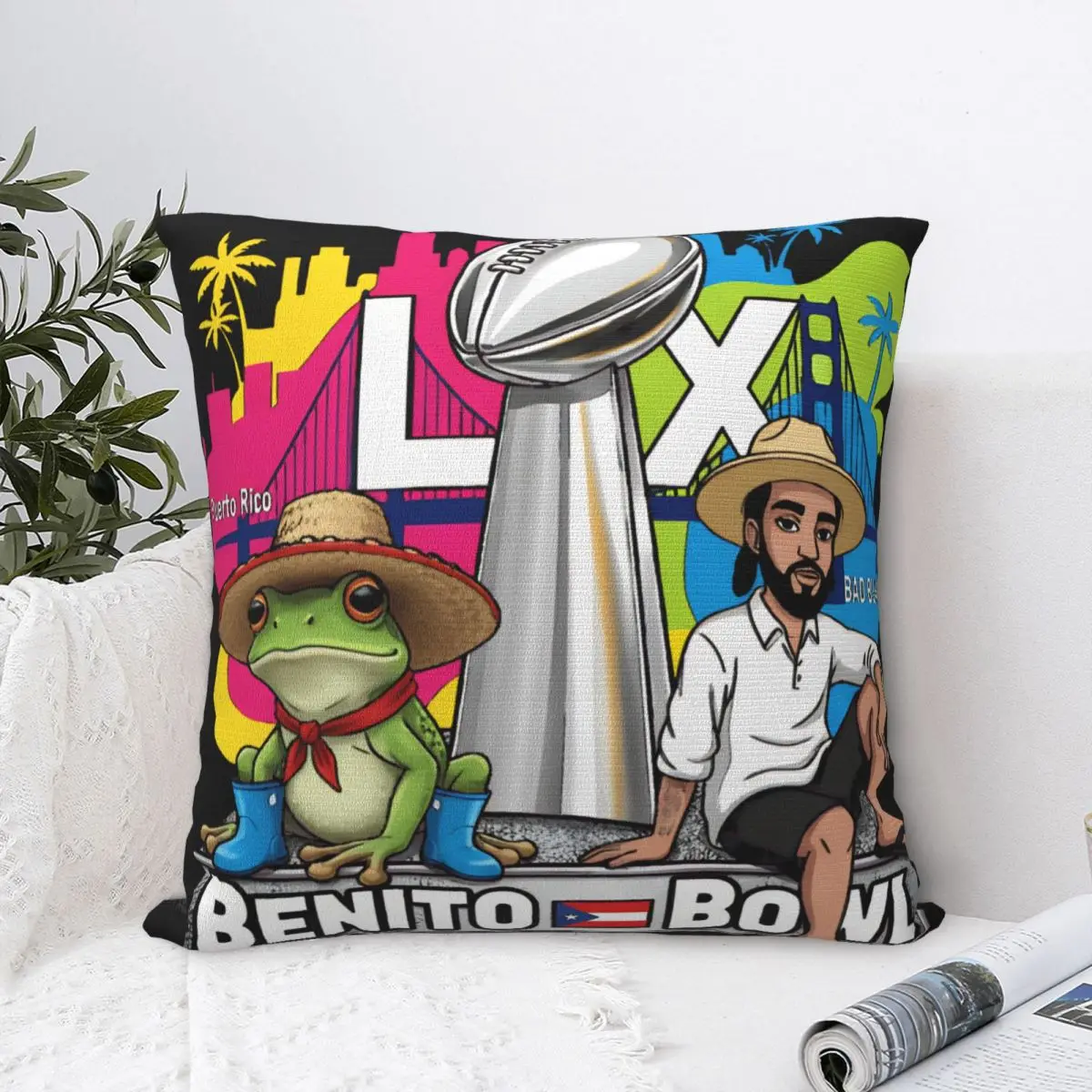 Benito Bowl Puerto Rican Bads Bunnys Halftime Show 2026 Pillowcases Merchandise Soft Cushion Cover Decorative Throw Pillow Case