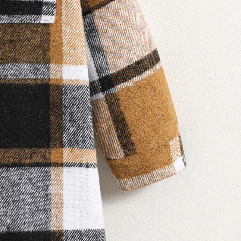 معطف للفتيات للربيع والخريف بعمر 4-7 سنوات وطية صدر السترة منقوشة وأكمام طويلة وجيب معطف طويل أساسي بسيط للشارع كل يوم. #5