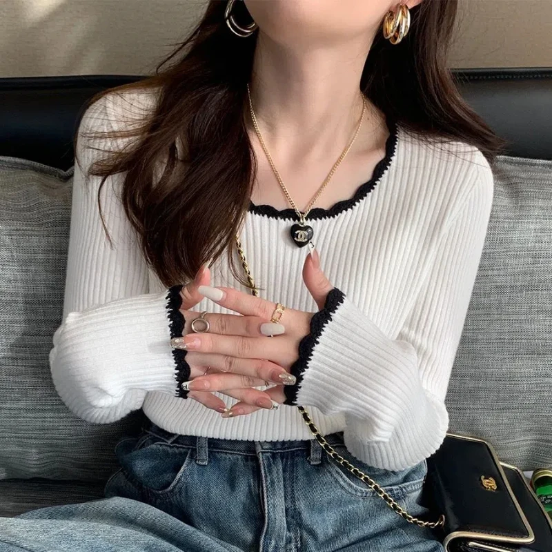 

Осень-зима, новый модный свитер с круглым вырезом и длинными рукавами, женский уличный повседневный кружевной лоскутный пуловер, элегантный универсальный топ