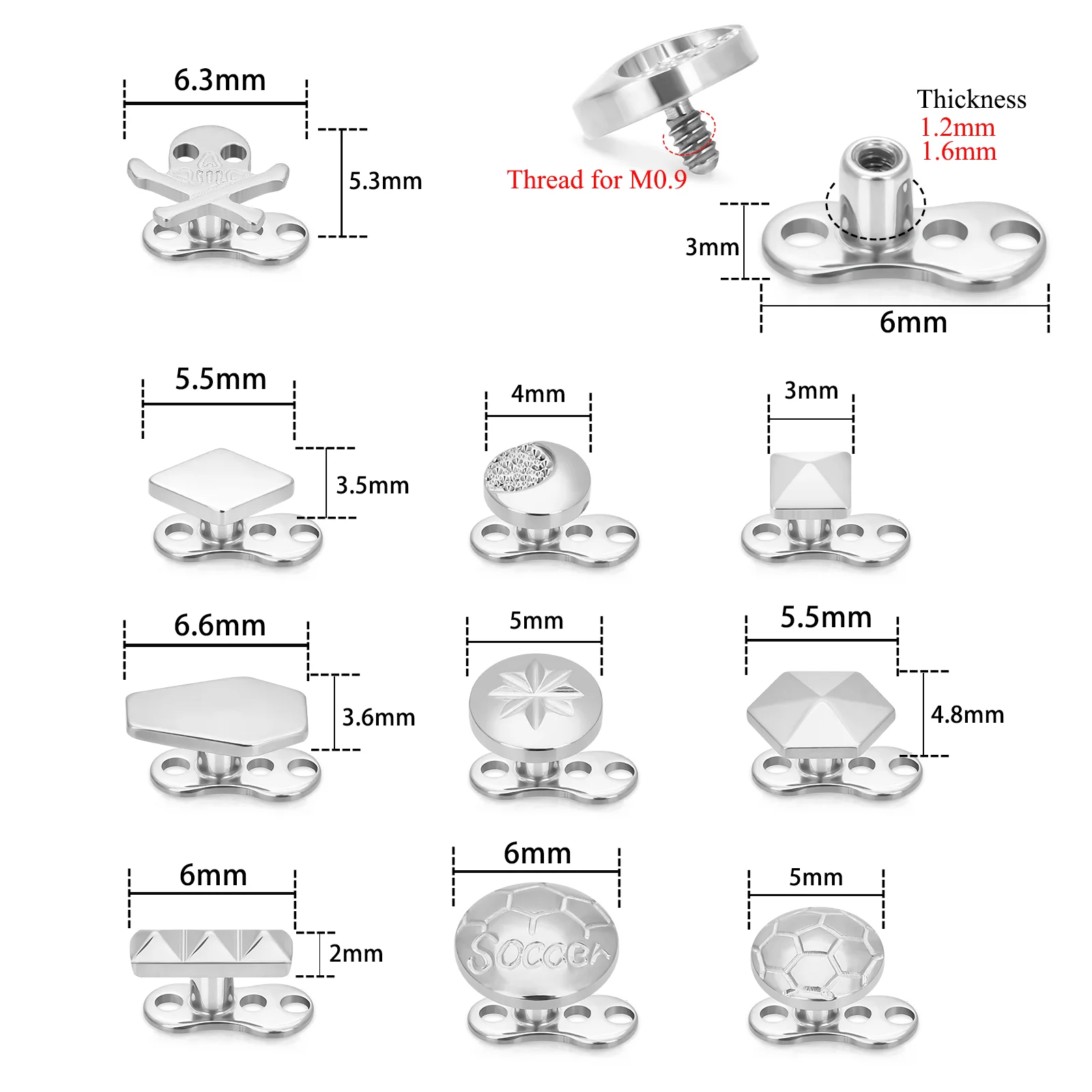 Implant Grade G23 ASTM Titanium 16G Internal Thread Soccer Dermal Anchor Tops and 3 Hole Base Microdermals Piercing Jewelry