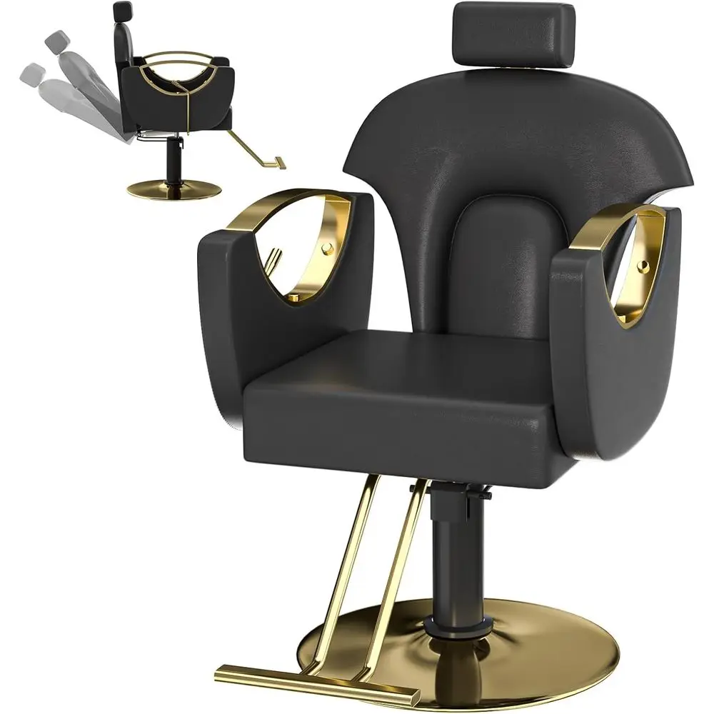 

360° Swivel Ergonomic Barber Chair with Adjustable Rest and Hydraulic Height for Professional Hair Stylists - Black/Gold