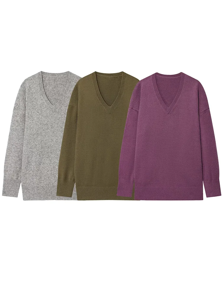 

HH Woman Autumn Versatile Solid 3-Color V-Neck Long Sleeves Sweater Female Loose Street Style Streetwear Pullover Sweater