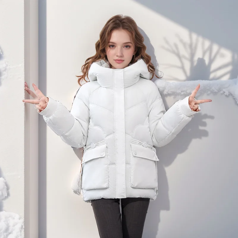 2024 Winter Women\'s Coat Short Pure Color Cotton Jacket Female 2 Pocket Hooded Parkas Coats Women\'s Thicken Warm Padded Jacket