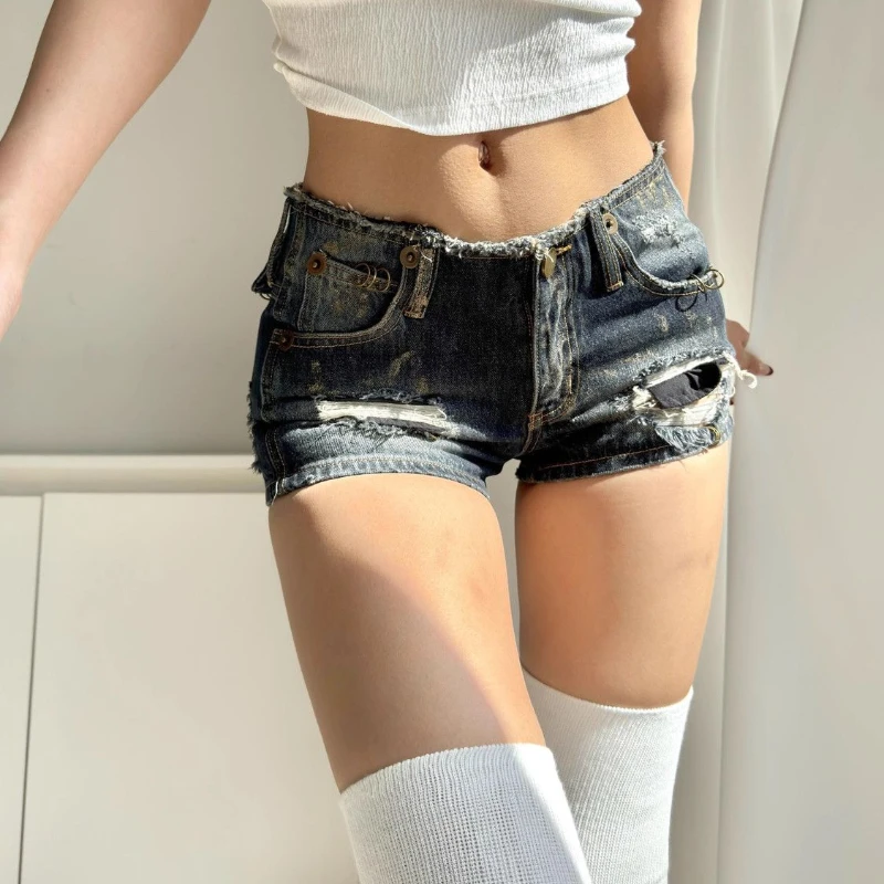 Deeptown Y2k Vintage Hole Women Short Jeans Harajuku Low Waist Japanese 2000s Style Gyaru Denim Shorts Slim Streetwear Summer