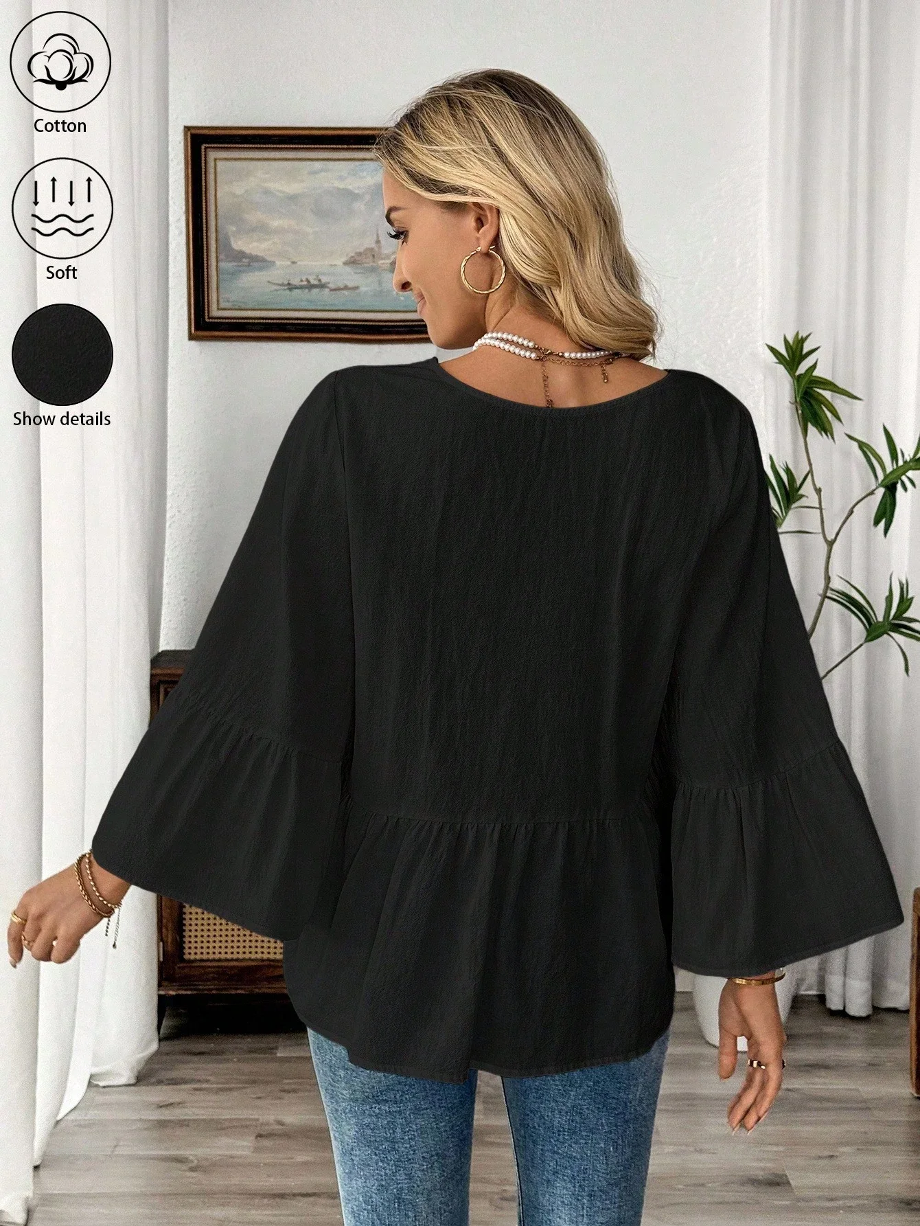 

Black V-Neck Ruffle Sleeve Women Casual Blouse