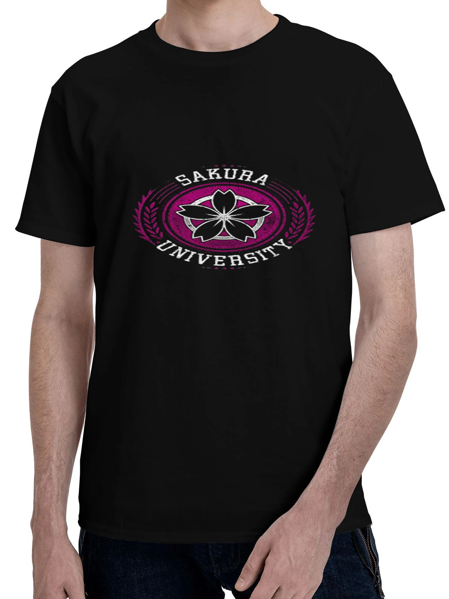 

Men Sakura University Graphic T Shirt Japanese Streetwear Black Tee