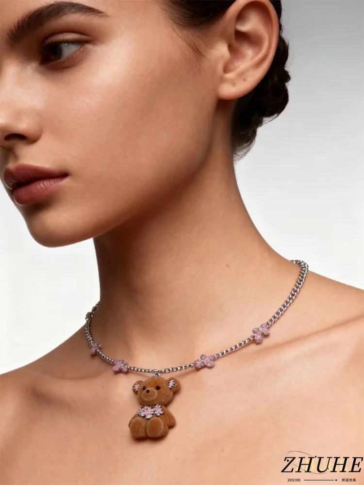 

Fashion Teddy Bear Pendant Necklace with Pink Flower Accents - Must-Have Jewelry Accessories, Short Choker for Female, Stylish A