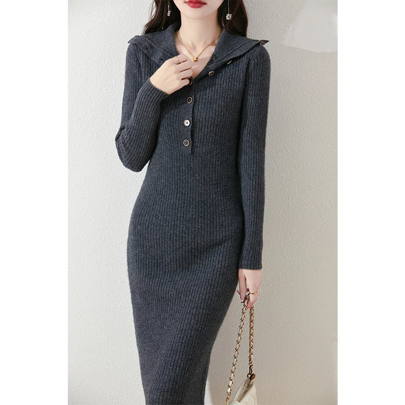 2024 Autunmn/Winter Loose High Collar Dresses Casual Women\'s Dresses On Offer Clearance Free Shipping 100% Wool Knitted Jumpers