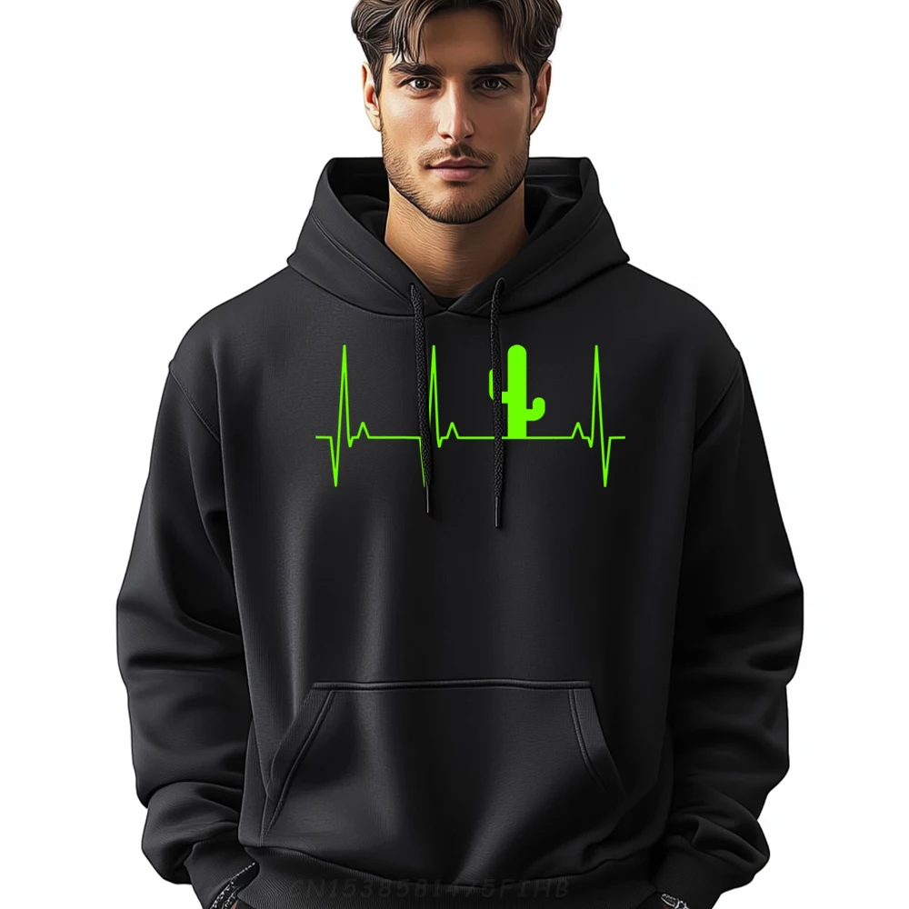 

Saguaro Cactus Plant Cacti Lovers Heartbeat Design On Black Men Pullover Hoodies High Quality Camisetas