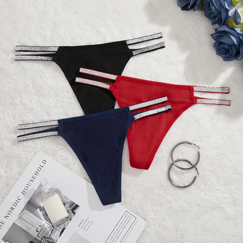 New Fashion Women Sexy Thongs Low Rise Double Silver Ribbon Ladies G-string Solid Breathable Female Panties Intimates Lingerie