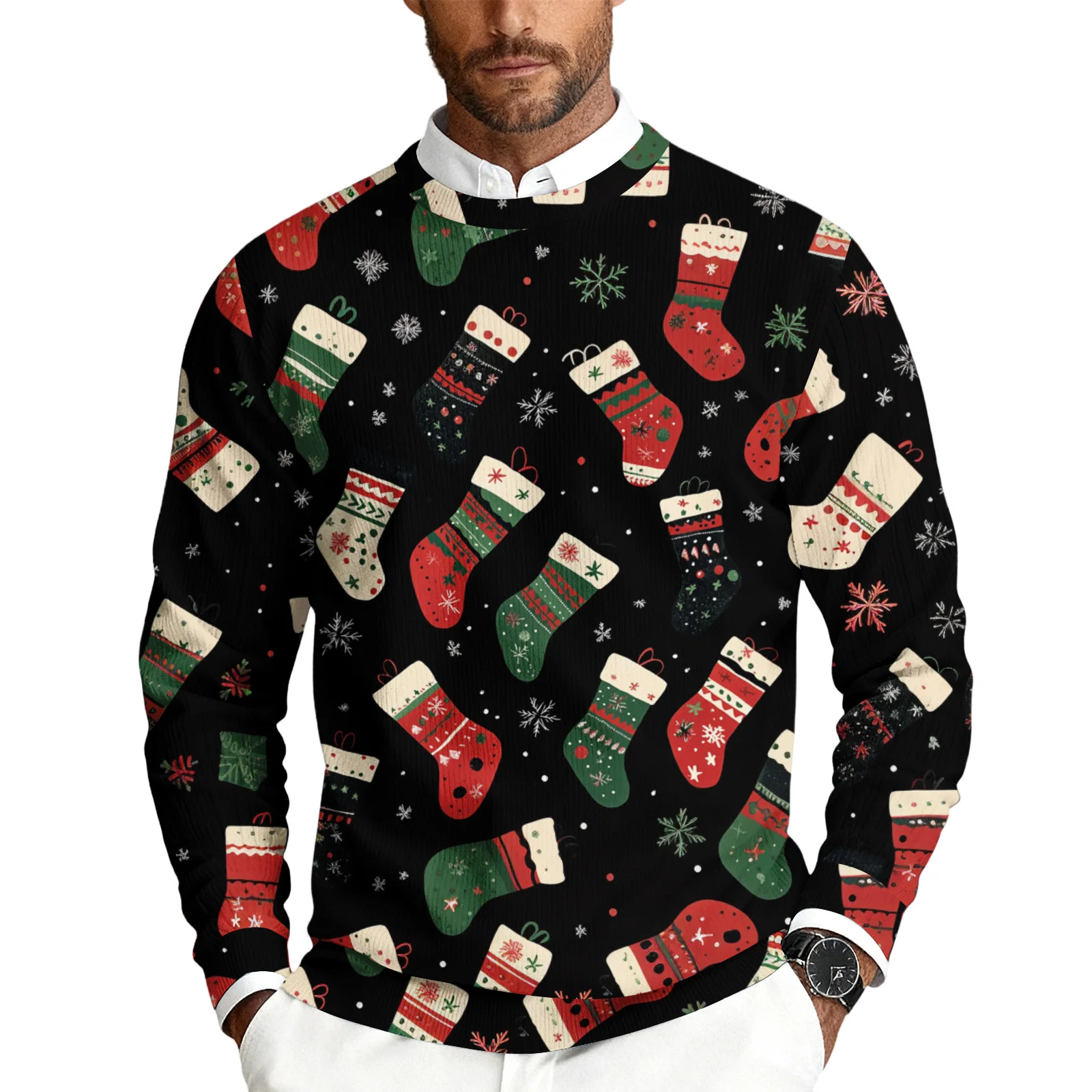 Sweater Rajut Pria Motif Natal Kerah Bulat Lengan Panjang Model Longgar Kasual Bisnis
