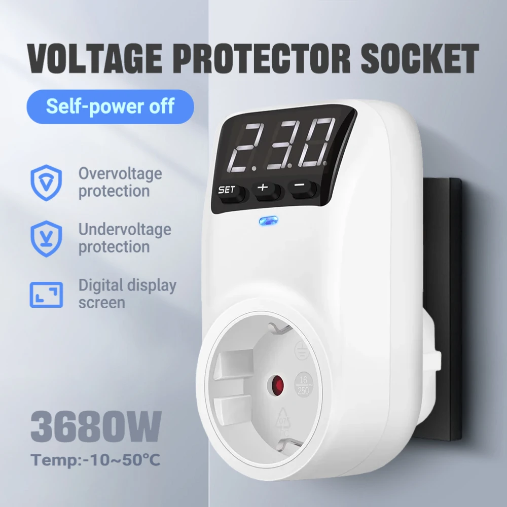 Adjustable Voltage Protector Socket with Automatic Reset Function - 16A/15A 230V/110V Surge Protection for EU US Plug Appliances