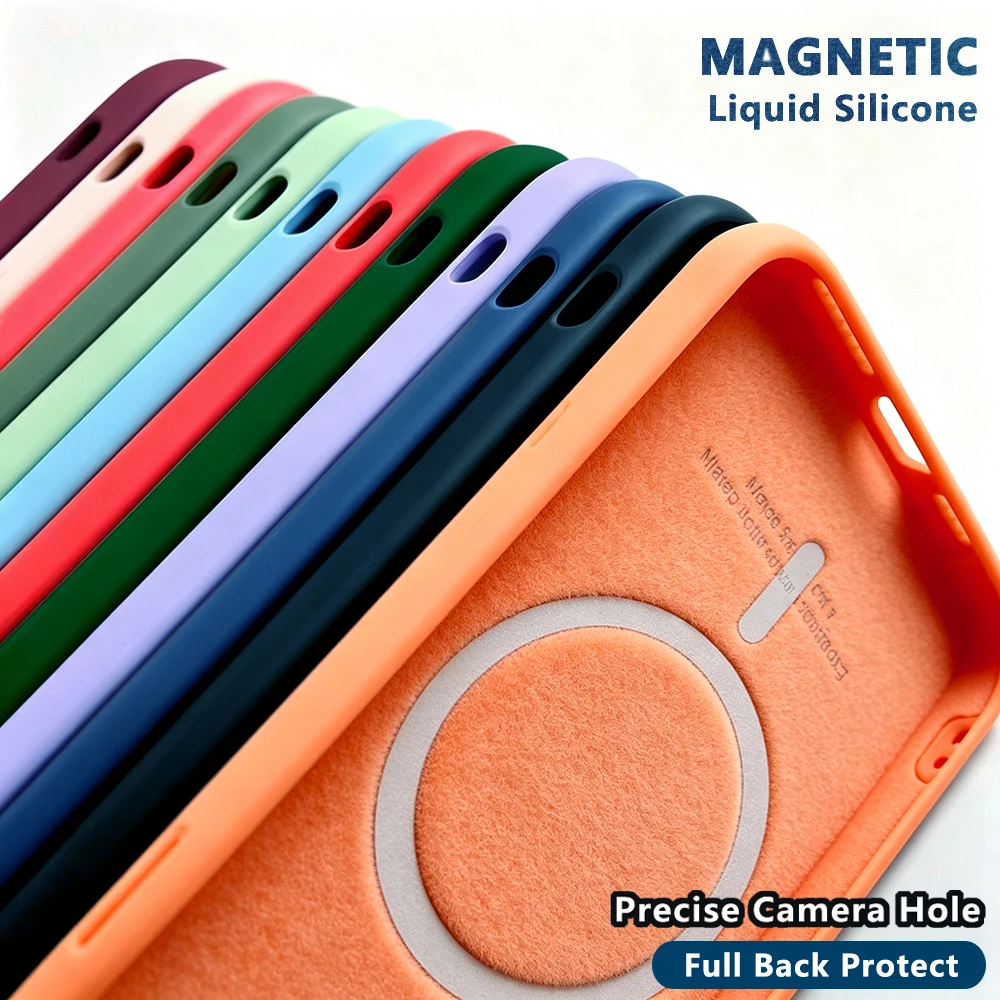 Capa silicone líquido magnética original luxo para Iphone 14 12 13 Mini 11 15 Pro Max 7 8 Plus X Xr Se 2020 Xs Max capinha Magsafe magnética proteção lente com furo precisão para câmera