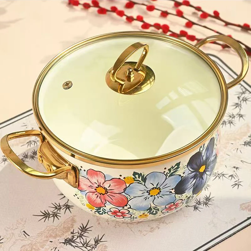 Enamel Soup Pot Large Capacity 5.5L Kitchen Cookware Enamel Stew Pot Double Handle Classical Flowers Thickened Cooking Pan