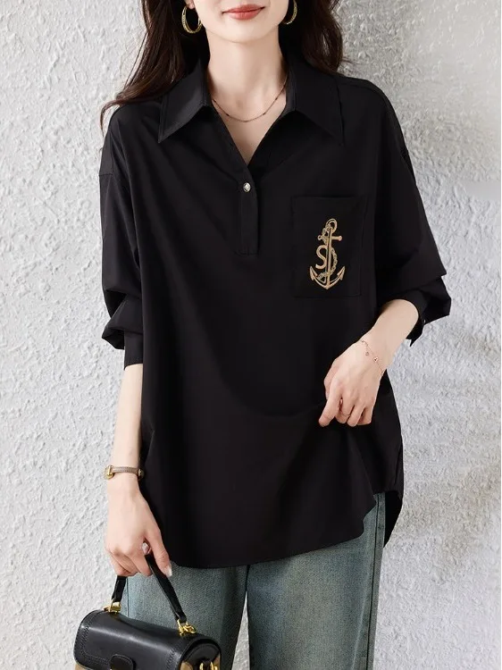 

Retro Loose Casual Black Embroidered Shirt Women's Long Sleeve Turn-down Collar Elegant Versatile Top Spring 2026 New Arrival