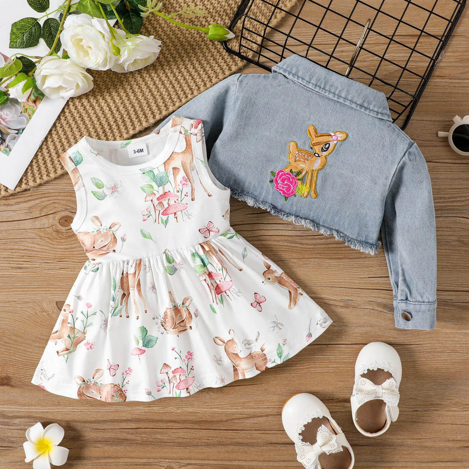 Newborn Girls Long Sleeve Denim Jacket Cartoon Fawn Prints Ruffles Dress Two Piece Outfits Sets For Girls Outfit Sets 3-24Months