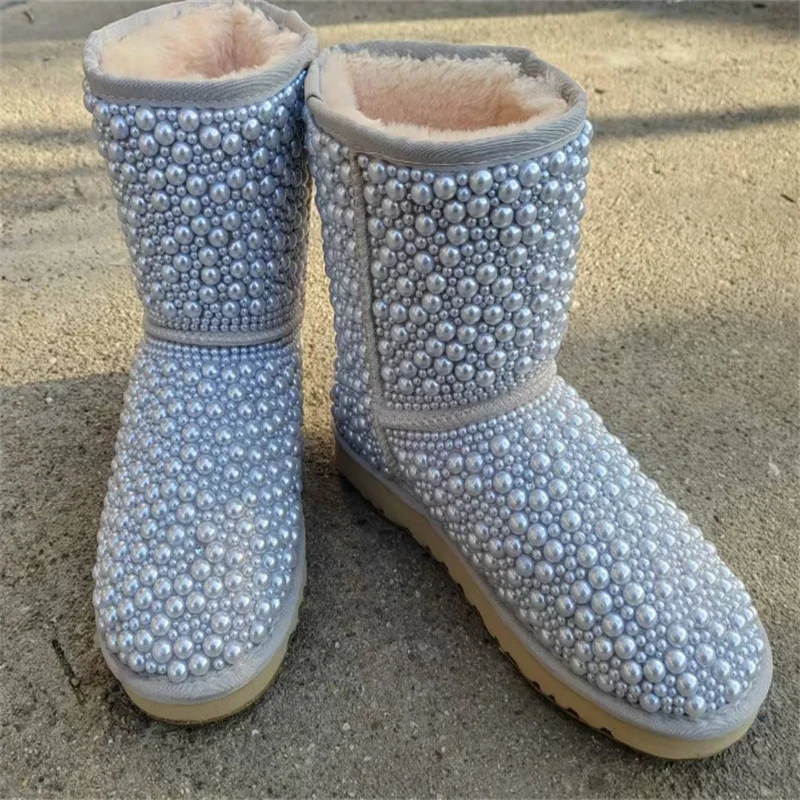 Large size heavy industry drill pearl party wedding fur one snow boots hand custom casual women's cotton shoes 35-44