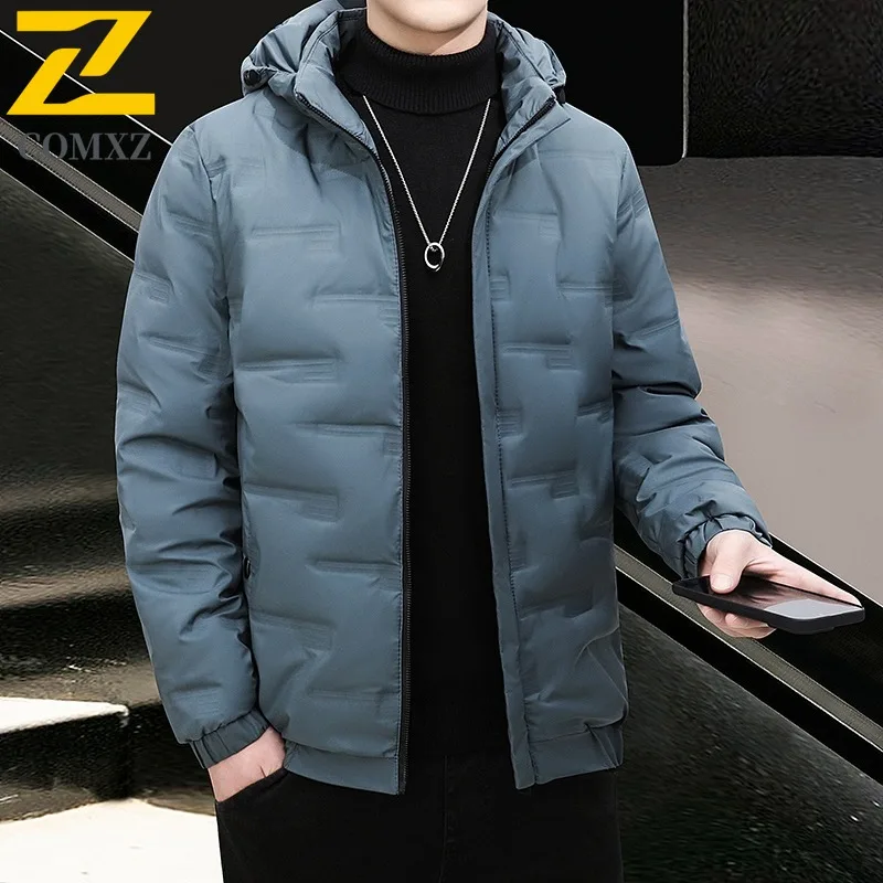 COMXZ 2025 Mens Winter Hooded Fleece Puffer Jacket American style Waterproof and Windproof Trendy Casual Outdoor Sports Coat