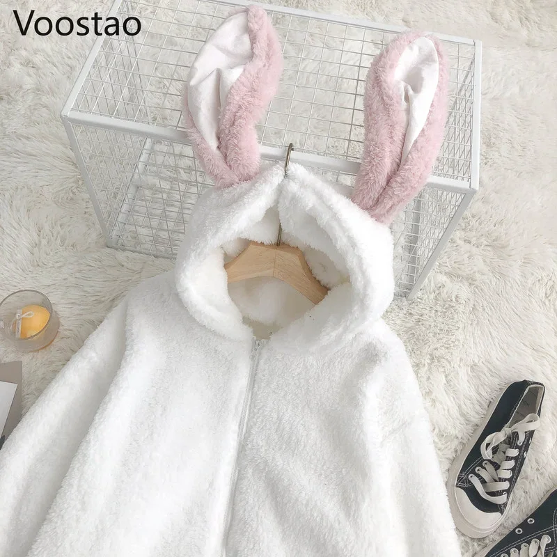 Autumn Winter Women Rabbit Ears Hooded Jacket Sweet Cute Plush Bunny Thick Warm Sweatshirts Girly Harajuku Loose Hoodies Coats