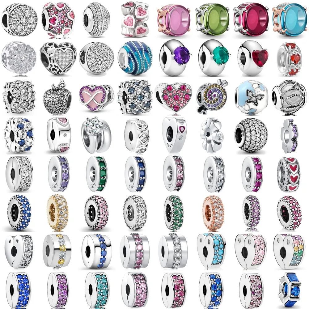 Cabujón ovalado de plata 925 con circonita, Clip de corazones rosas brillantes, cuentas aptas para Pulsera Original, accesorios de joyería DIY para mujer