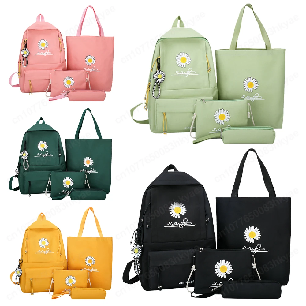 4PCS Student Backpack Combo Set Daisy Schoolbag Kawaii Teenage Girls Handbag Large Capacity Rucksack Shoulder Bag Pen Case Bag