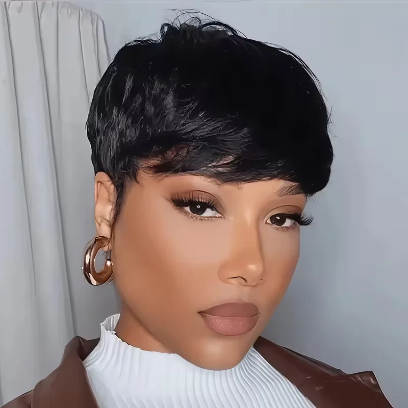 

6-дюймовый короткий парик с стрижкой пикси с челкой, машинное производство, прямой многослойный стиль Remy для женщин, шикарный парик из человеческих волос с стрижкой пикси