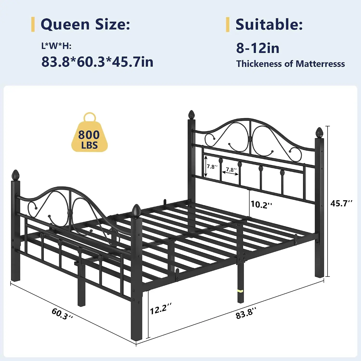 Queen Metal Platform Bed Frame with Headboard, Anti-Squeak Noise-Free Bed Base, Under Bed Storage, 800 LBS Heavy, Customized