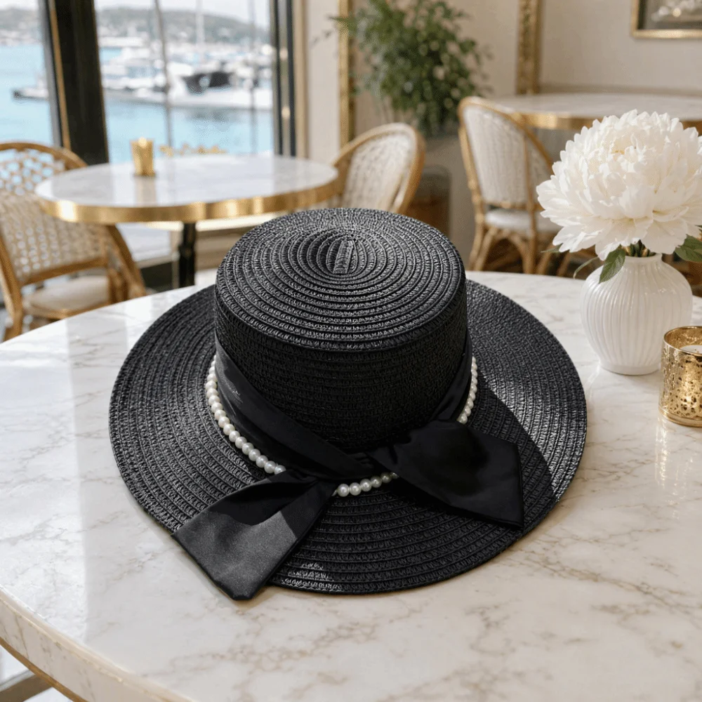 French Multicolor Straw Hat Silk Bow Breathable Bucket Hat Beads Chain Elegant Sun Hat Seaside Beach
