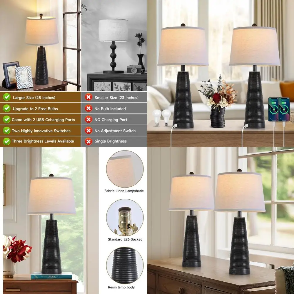 

Vintage Farmhouse Style Desk Lamps Set, 2-Piece, 3-Way Dimmable, USB Ports, Black & Gold, 27 Tall