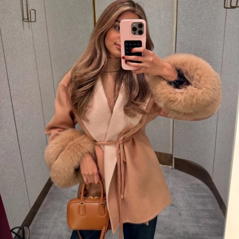 TARUXY Lace-Up Woolen Faux Fur Coat Women Elegant Loose Plush Long-Sleeved Double-Faced Woolen Coat Winter Fashion Commuter Wear