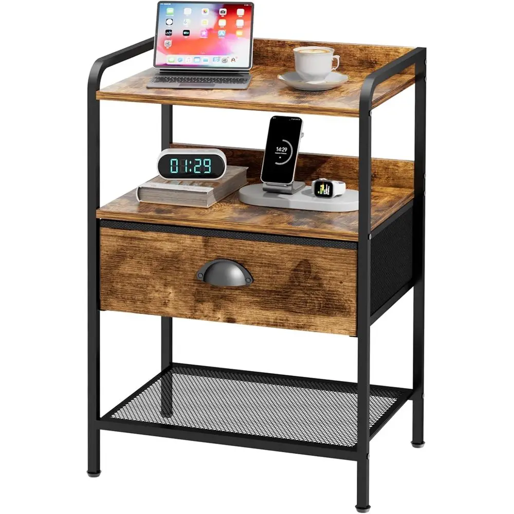 

Sturdy Metal and Fabric Nightstand, Lightweight Side Table with 55LB, Rustic Brown Finish