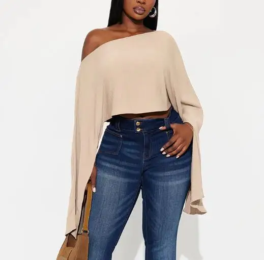 Otoño e Invierno para mujer con hombros descubiertos, se puede colgar en diagonal, con mangas abiertas y sueltas, cintura expuesta, jersey, top chal