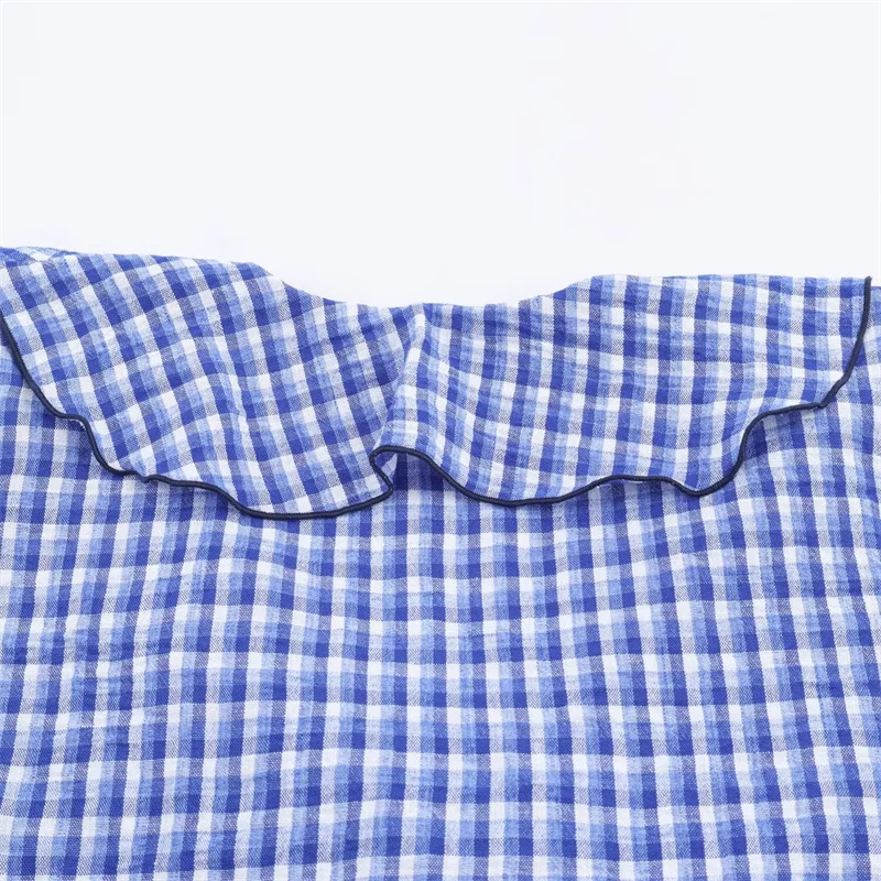 قميص نسائي 2025 خريف نمط جديد أزرق منقوش كم طويل الطبقات قميص غير رسمي مزخرف عصري وأنيق