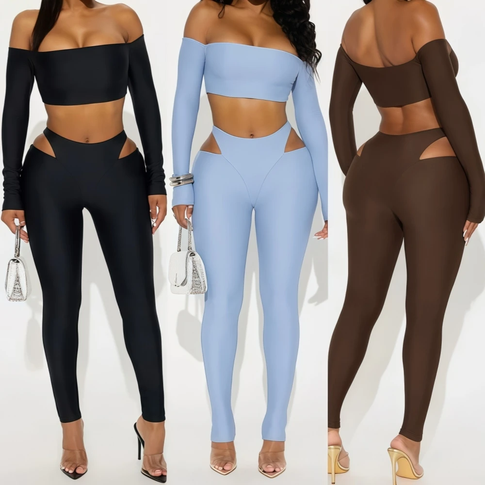 

FAGADOER Sexy Hollow-out 2 Pieces Set for Woman Outfits Solid Color Off Showlder Crop Top+Skiny Pants Matching Female Streetwear