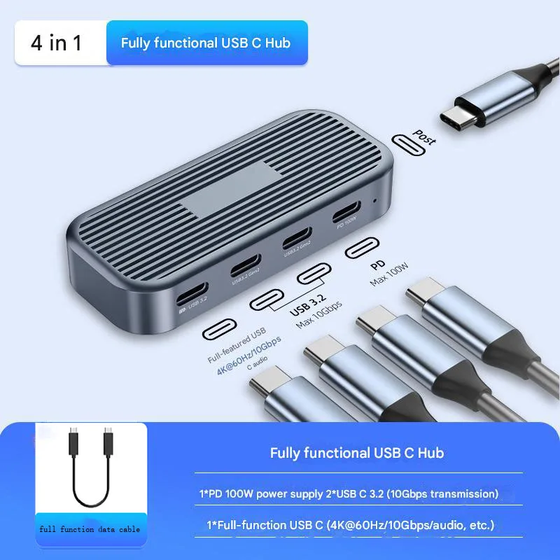 4-in-1 100W PD 3.0 USB-C Aluminum Alloy Docking Station with USB 3.2 Fast Charge Portable Desktop Adapter