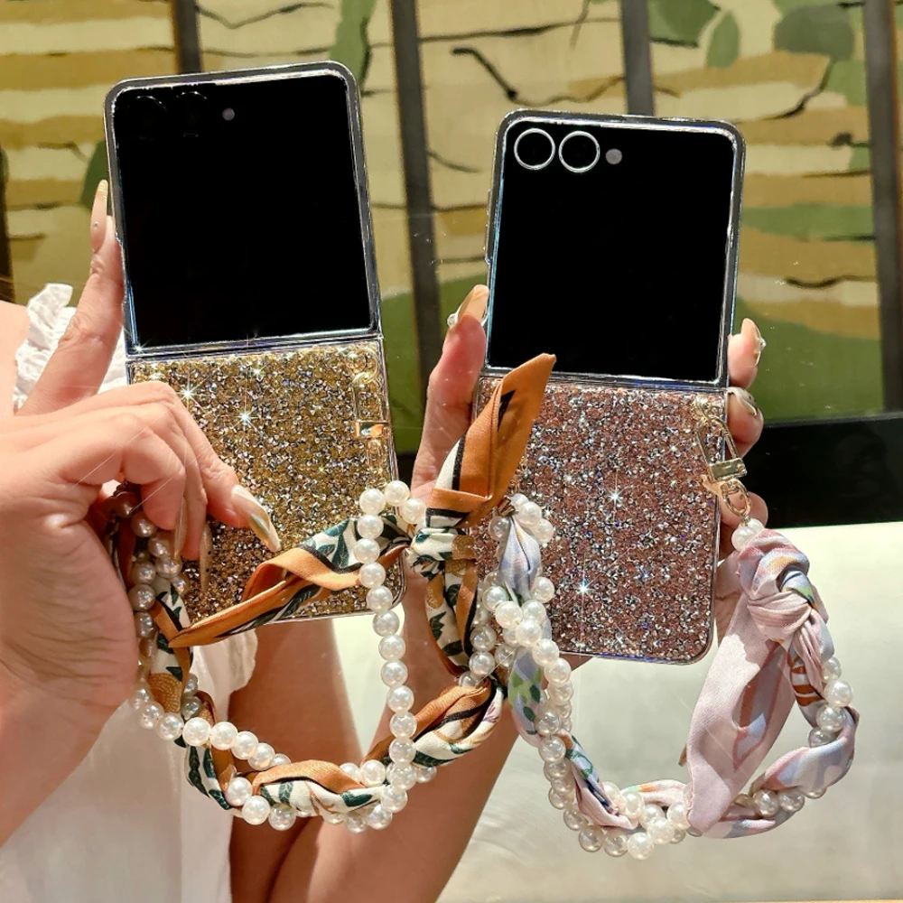 

Luxury Glitter Diamond With Silk scarf Lanyard Phone Case For Samsung Galaxy Z Flip 7 6 5 4 FE Shockproof Protector Bumper Cover