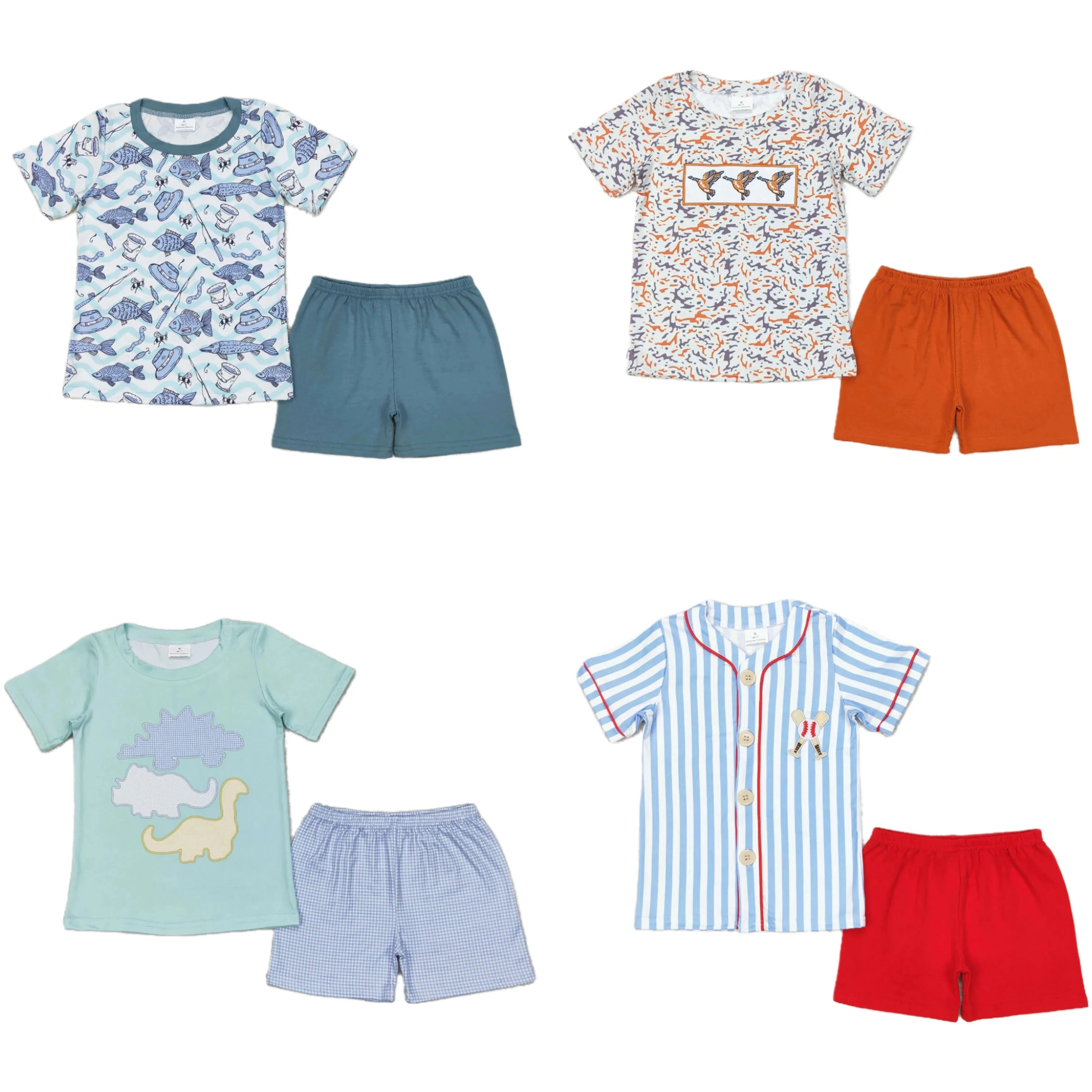 Wholesale Baby Boy Short Sleeves Tractors Fish Dinosaurs Shirts Set Toddler Infant Shorts Kids Children Summer Two Pieces Outfit