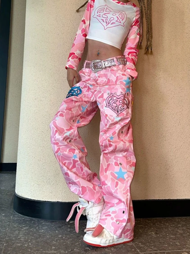 ADAgirl Pink Y2k Camouflage Denim Pants Women Hip Hop Vintage Baggy Embroidery Straight Wide Leg Jeans Streetwear Chic Trousers