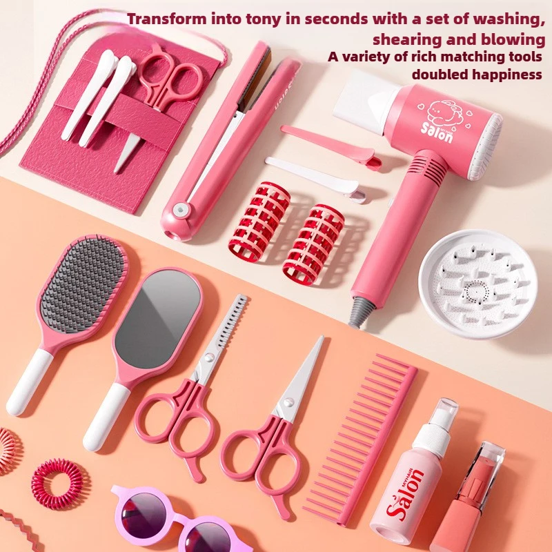 女の子向けビューティーサロンセット、ヘアビューティーメイクアップセット、シミュレーションヘアドライヤー、コーム、ファッショナブルなスタイリングツール、ごっこ遊びおもちゃ、誕生日プレゼント