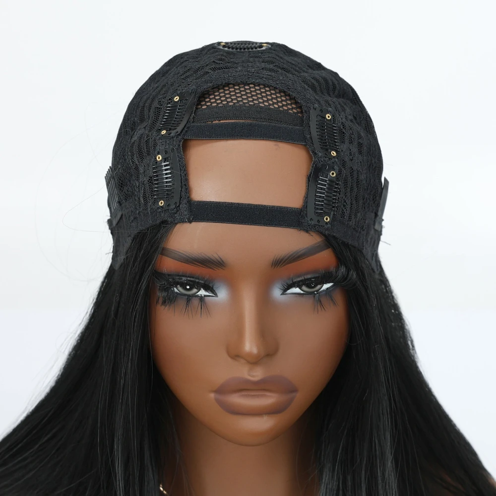 28 Inches Long Black U Part Half Synthetic Wig For Black Women Fashion High Layered Heat Resistant Fiber Daily Party Cosplay