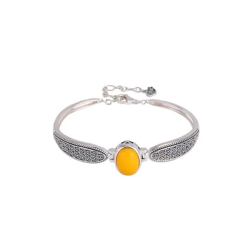 S925 فضة شمع العسل نمط الأسنان المجوفة القمح البيضاوي سوار المعصم الدائري