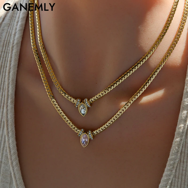 GANEMLY 316L Edelstahl Funkelnden Zirkonia Halskette Für Frauen Hohe Qualität Trendy Hals Kette Kragen Wasserdicht Schmuck