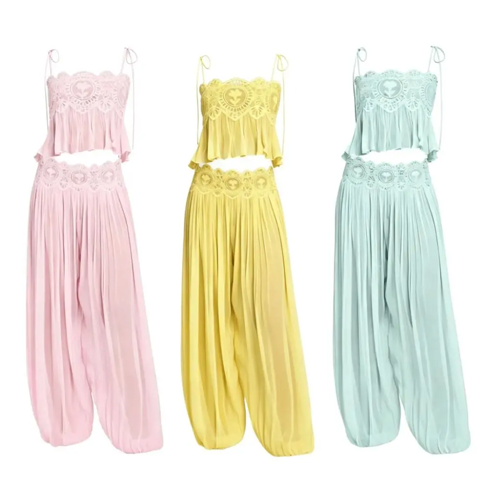 See Through Camisole Pants Sets Wide Leg High Waist Pleated Lantern Pant Hollow Out Square Neck Beach Pants Sets For Women